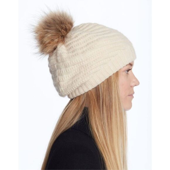 New Annabelle New York Cream Wool Fur Pom Pom Beanie Women’s Winter Hat - Picture 1 of 7